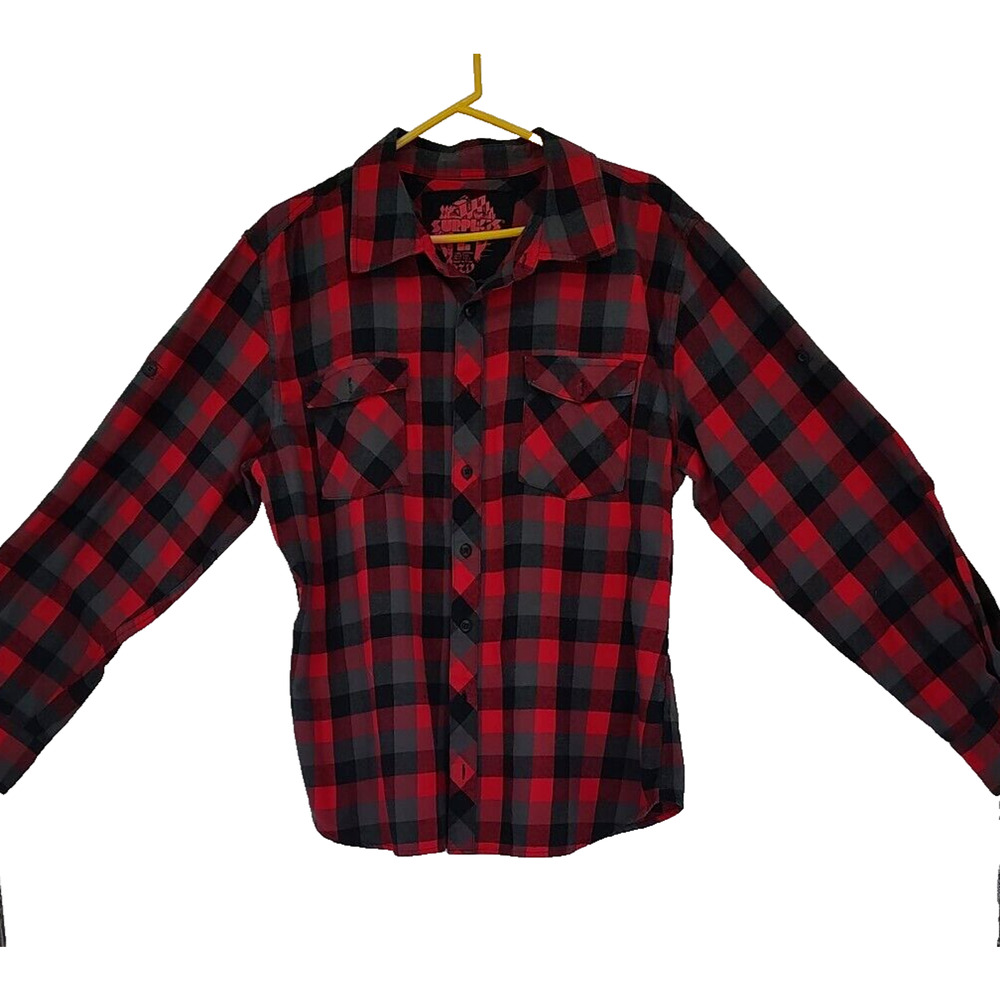 Surplus Men's Red Black Check Flannel Shirt Size L Roll up Sleeve Pockets Button